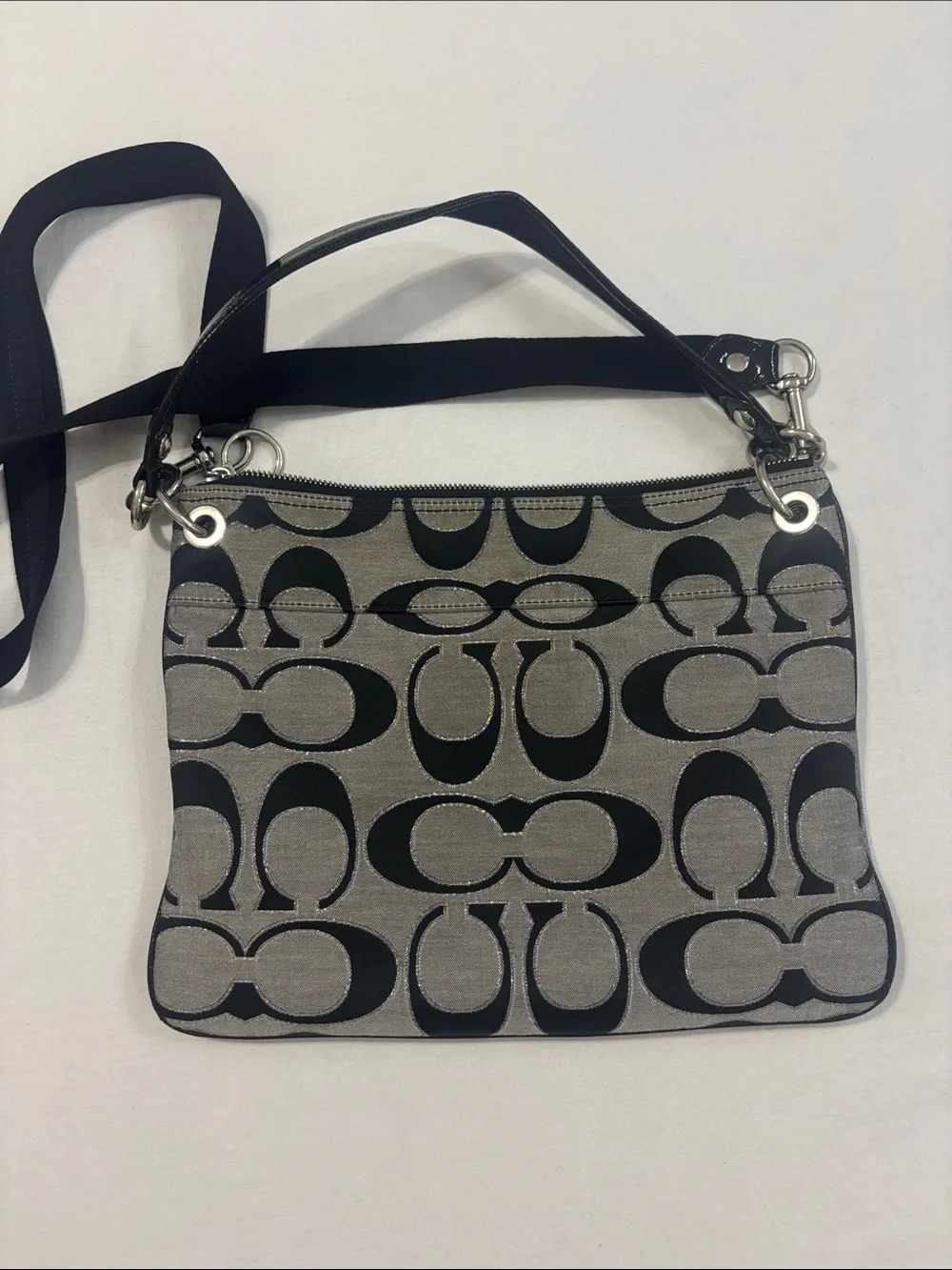 Coach Poppy Metallic Gray/Black Signature Hand/Shoulder Bag
